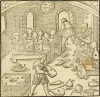 Picture 231 of 293 from Georgii Agricolae De re metallica libri XII. qvibus officia, instrumenta, machinae, ac omnia deni ad metallicam spectantia, non modo luculentissimè describuntur, sed & per effigies, suis locis insertas, adiunctis latinis, germanicis appellationibus ita ob oculos ponuntur, ut clarius tradi non possint. Eivsdem De animantibvs svbterraneis liber, ab autore recognitus: cum indicibus diuersis, quicqiuid in opere tractatum est, pulchré demonstrantibus (1556), leaf 376