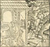 An illustration from Georgii Agricolae De re metallica libri XII. qvibus officia, instrumenta, machinae, ac omnia deni ad metallicam spectantia, non modo luculentissimè describuntur, sed & per effigies, suis locis insertas, adiunctis latinis, germanicis appellationibus ita ob oculos ponuntur, ut clarius tradi non possint. Eivsdem De animantibvs svbterraneis liber, ab autore recognitus: cum indicibus diuersis, quicqiuid in opere tractatum est, pulchré demonstrantibus (1556)