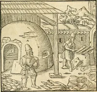 An illustration from Georgii Agricolae De re metallica libri XII. qvibus officia, instrumenta, machinae, ac omnia deni ad metallicam spectantia, non modo luculentissimè describuntur, sed & per effigies, suis locis insertas, adiunctis latinis, germanicis appellationibus ita ob oculos ponuntur, ut clarius tradi non possint. Eivsdem De animantibvs svbterraneis liber, ab autore recognitus: cum indicibus diuersis, quicqiuid in opere tractatum est, pulchré demonstrantibus (1556)