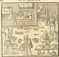 Picture 244 of 293 from Georgii Agricolae De re metallica libri XII. qvibus officia, instrumenta, machinae, ac omnia deni ad metallicam spectantia, non modo luculentissimè describuntur, sed & per effigies, suis locis insertas, adiunctis latinis, germanicis appellationibus ita ob oculos ponuntur, ut clarius tradi non possint. Eivsdem De animantibvs svbterraneis liber, ab autore recognitus: cum indicibus diuersis, quicqiuid in opere tractatum est, pulchré demonstrantibus (1556), leaf 407
