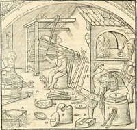 An illustration from Georgii Agricolae De re metallica libri XII. qvibus officia, instrumenta, machinae, ac omnia deni ad metallicam spectantia, non modo luculentissimè describuntur, sed & per effigies, suis locis insertas, adiunctis latinis, germanicis appellationibus ita ob oculos ponuntur, ut clarius tradi non possint. Eivsdem De animantibvs svbterraneis liber, ab autore recognitus: cum indicibus diuersis, quicqiuid in opere tractatum est, pulchré demonstrantibus (1556)