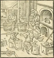 Picture 246 of 293 from Georgii Agricolae De re metallica libri XII. qvibus officia, instrumenta, machinae, ac omnia deni ad metallicam spectantia, non modo luculentissimè describuntur, sed & per effigies, suis locis insertas, adiunctis latinis, germanicis appellationibus ita ob oculos ponuntur, ut clarius tradi non possint. Eivsdem De animantibvs svbterraneis liber, ab autore recognitus: cum indicibus diuersis, quicqiuid in opere tractatum est, pulchré demonstrantibus (1556), leaf 410