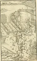 An illustration from Georgii Agricolae De re metallica libri XII. qvibus officia, instrumenta, machinae, ac omnia deni ad metallicam spectantia, non modo luculentissimè describuntur, sed & per effigies, suis locis insertas, adiunctis latinis, germanicis appellationibus ita ob oculos ponuntur, ut clarius tradi non possint. Eivsdem De animantibvs svbterraneis liber, ab autore recognitus: cum indicibus diuersis, quicqiuid in opere tractatum est, pulchré demonstrantibus (1556)
