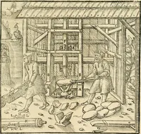 An illustration from Georgii Agricolae De re metallica libri XII. qvibus officia, instrumenta, machinae, ac omnia deni ad metallicam spectantia, non modo luculentissimè describuntur, sed & per effigies, suis locis insertas, adiunctis latinis, germanicis appellationibus ita ob oculos ponuntur, ut clarius tradi non possint. Eivsdem De animantibvs svbterraneis liber, ab autore recognitus: cum indicibus diuersis, quicqiuid in opere tractatum est, pulchré demonstrantibus (1556)
