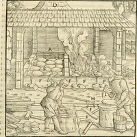 An illustration from Georgii Agricolae De re metallica libri XII. qvibus officia, instrumenta, machinae, ac omnia deni ad metallicam spectantia, non modo luculentissimè describuntur, sed & per effigies, suis locis insertas, adiunctis latinis, germanicis appellationibus ita ob oculos ponuntur, ut clarius tradi non possint. Eivsdem De animantibvs svbterraneis liber, ab autore recognitus: cum indicibus diuersis, quicqiuid in opere tractatum est, pulchré demonstrantibus (1556)