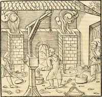An illustration from Georgii Agricolae De re metallica libri XII. qvibus officia, instrumenta, machinae, ac omnia deni ad metallicam spectantia, non modo luculentissimè describuntur, sed & per effigies, suis locis insertas, adiunctis latinis, germanicis appellationibus ita ob oculos ponuntur, ut clarius tradi non possint. Eivsdem De animantibvs svbterraneis liber, ab autore recognitus: cum indicibus diuersis, quicqiuid in opere tractatum est, pulchré demonstrantibus (1556)