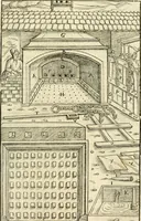 An illustration from Georgii Agricolae De re metallica libri XII. qvibus officia, instrumenta, machinae, ac omnia deni ad metallicam spectantia, non modo luculentissimè describuntur, sed & per effigies, suis locis insertas, adiunctis latinis, germanicis appellationibus ita ob oculos ponuntur, ut clarius tradi non possint. Eivsdem De animantibvs svbterraneis liber, ab autore recognitus: cum indicibus diuersis, quicqiuid in opere tractatum est, pulchré demonstrantibus (1556)