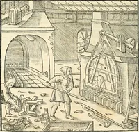 Picture 259 of 293 from Georgii Agricolae De re metallica libri XII. qvibus officia, instrumenta, machinae, ac omnia deni ad metallicam spectantia, non modo luculentissimè describuntur, sed & per effigies, suis locis insertas, adiunctis latinis, germanicis appellationibus ita ob oculos ponuntur, ut clarius tradi non possint. Eivsdem De animantibvs svbterraneis liber, ab autore recognitus: cum indicibus diuersis, quicqiuid in opere tractatum est, pulchré demonstrantibus (1556), leaf 443