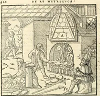 Picture 260 of 293 from Georgii Agricolae De re metallica libri XII. qvibus officia, instrumenta, machinae, ac omnia deni ad metallicam spectantia, non modo luculentissimè describuntur, sed & per effigies, suis locis insertas, adiunctis latinis, germanicis appellationibus ita ob oculos ponuntur, ut clarius tradi non possint. Eivsdem De animantibvs svbterraneis liber, ab autore recognitus: cum indicibus diuersis, quicqiuid in opere tractatum est, pulchré demonstrantibus (1556), leaf 445