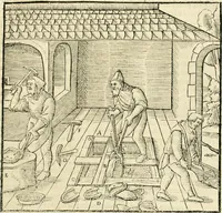 Picture 261 of 293 from Georgii Agricolae De re metallica libri XII. qvibus officia, instrumenta, machinae, ac omnia deni ad metallicam spectantia, non modo luculentissimè describuntur, sed & per effigies, suis locis insertas, adiunctis latinis, germanicis appellationibus ita ob oculos ponuntur, ut clarius tradi non possint. Eivsdem De animantibvs svbterraneis liber, ab autore recognitus: cum indicibus diuersis, quicqiuid in opere tractatum est, pulchré demonstrantibus (1556), leaf 446