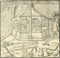 Picture 262 of 293 from Georgii Agricolae De re metallica libri XII. qvibus officia, instrumenta, machinae, ac omnia deni ad metallicam spectantia, non modo luculentissimè describuntur, sed & per effigies, suis locis insertas, adiunctis latinis, germanicis appellationibus ita ob oculos ponuntur, ut clarius tradi non possint. Eivsdem De animantibvs svbterraneis liber, ab autore recognitus: cum indicibus diuersis, quicqiuid in opere tractatum est, pulchré demonstrantibus (1556), leaf 449