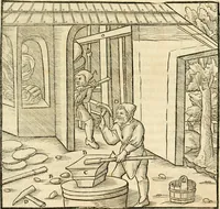 Picture 263 of 293 from Georgii Agricolae De re metallica libri XII. qvibus officia, instrumenta, machinae, ac omnia deni ad metallicam spectantia, non modo luculentissimè describuntur, sed & per effigies, suis locis insertas, adiunctis latinis, germanicis appellationibus ita ob oculos ponuntur, ut clarius tradi non possint. Eivsdem De animantibvs svbterraneis liber, ab autore recognitus: cum indicibus diuersis, quicqiuid in opere tractatum est, pulchré demonstrantibus (1556), leaf 450