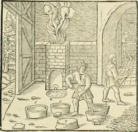 Picture 265 of 293 from Georgii Agricolae De re metallica libri XII. qvibus officia, instrumenta, machinae, ac omnia deni ad metallicam spectantia, non modo luculentissimè describuntur, sed & per effigies, suis locis insertas, adiunctis latinis, germanicis appellationibus ita ob oculos ponuntur, ut clarius tradi non possint. Eivsdem De animantibvs svbterraneis liber, ab autore recognitus: cum indicibus diuersis, quicqiuid in opere tractatum est, pulchré demonstrantibus (1556), leaf 456