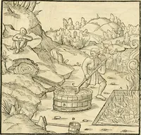 An illustration from Georgii Agricolae De re metallica libri XII. qvibus officia, instrumenta, machinae, ac omnia deni ad metallicam spectantia, non modo luculentissimè describuntur, sed & per effigies, suis locis insertas, adiunctis latinis, germanicis appellationibus ita ob oculos ponuntur, ut clarius tradi non possint. Eivsdem De animantibvs svbterraneis liber, ab autore recognitus: cum indicibus diuersis, quicqiuid in opere tractatum est, pulchré demonstrantibus (1556)