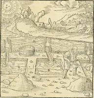 Picture 275 of 293 from Georgii Agricolae De re metallica libri XII. qvibus officia, instrumenta, machinae, ac omnia deni ad metallicam spectantia, non modo luculentissimè describuntur, sed & per effigies, suis locis insertas, adiunctis latinis, germanicis appellationibus ita ob oculos ponuntur, ut clarius tradi non possint. Eivsdem De animantibvs svbterraneis liber, ab autore recognitus: cum indicibus diuersis, quicqiuid in opere tractatum est, pulchré demonstrantibus (1556), leaf 472