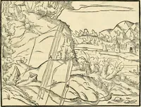An illustration from Georgii Agricolae De re metallica libri XII. qvibus officia, instrumenta, machinae, ac omnia deni ad metallicam spectantia, non modo luculentissimè describuntur, sed & per effigies, suis locis insertas, adiunctis latinis, germanicis appellationibus ita ob oculos ponuntur, ut clarius tradi non possint. Eivsdem De animantibvs svbterraneis liber, ab autore recognitus: cum indicibus diuersis, quicqiuid in opere tractatum est, pulchré demonstrantibus (1556)