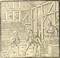 An illustration from Georgii Agricolae De re metallica libri XII. qvibus officia, instrumenta, machinae, ac omnia deni ad metallicam spectantia, non modo luculentissimè describuntur, sed & per effigies, suis locis insertas, adiunctis latinis, germanicis appellationibus ita ob oculos ponuntur, ut clarius tradi non possint. Eivsdem De animantibvs svbterraneis liber, ab autore recognitus: cum indicibus diuersis, quicqiuid in opere tractatum est, pulchré demonstrantibus (1556)