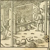 An illustration from Georgii Agricolae De re metallica libri XII. qvibus officia, instrumenta, machinae, ac omnia deni ad metallicam spectantia, non modo luculentissimè describuntur, sed & per effigies, suis locis insertas, adiunctis latinis, germanicis appellationibus ita ob oculos ponuntur, ut clarius tradi non possint. Eivsdem De animantibvs svbterraneis liber, ab autore recognitus: cum indicibus diuersis, quicqiuid in opere tractatum est, pulchré demonstrantibus (1556)