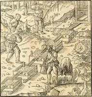 An illustration from Georgii Agricolae De re metallica libri XII. qvibus officia, instrumenta, machinae, ac omnia deni ad metallicam spectantia, non modo luculentissimè describuntur, sed & per effigies, suis locis insertas, adiunctis latinis, germanicis appellationibus ita ob oculos ponuntur, ut clarius tradi non possint. Eivsdem De animantibvs svbterraneis liber, ab autore recognitus: cum indicibus diuersis, quicqiuid in opere tractatum est, pulchré demonstrantibus (1556)