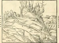 An illustration from Georgii Agricolae De re metallica libri XII. qvibus officia, instrumenta, machinae, ac omnia deni ad metallicam spectantia, non modo luculentissimè describuntur, sed & per effigies, suis locis insertas, adiunctis latinis, germanicis appellationibus ita ob oculos ponuntur, ut clarius tradi non possint. Eivsdem De animantibvs svbterraneis liber, ab autore recognitus: cum indicibus diuersis, quicqiuid in opere tractatum est, pulchré demonstrantibus (1556)