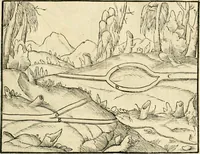 An illustration from Georgii Agricolae De re metallica libri XII. qvibus officia, instrumenta, machinae, ac omnia deni ad metallicam spectantia, non modo luculentissimè describuntur, sed & per effigies, suis locis insertas, adiunctis latinis, germanicis appellationibus ita ob oculos ponuntur, ut clarius tradi non possint. Eivsdem De animantibvs svbterraneis liber, ab autore recognitus: cum indicibus diuersis, quicqiuid in opere tractatum est, pulchré demonstrantibus (1556)