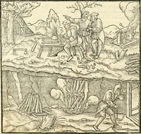 An illustration from Georgii Agricolae De re metallica libri XII. qvibus officia, instrumenta, machinae, ac omnia deni ad metallicam spectantia, non modo luculentissimè describuntur, sed & per effigies, suis locis insertas, adiunctis latinis, germanicis appellationibus ita ob oculos ponuntur, ut clarius tradi non possint. Eivsdem De animantibvs svbterraneis liber, ab autore recognitus: cum indicibus diuersis, quicqiuid in opere tractatum est, pulchré demonstrantibus (1556)