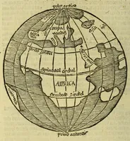 An illustration from Globus mundi : declaratio siue descriptio mundi et totius orbis terrarum. globulo rotundo comparati vt spera solida. Qua cuiuis etia[m] mediocriter docto ad oculu[m] videre licet antipodes esse. quo[rum] pedes nostris oppositi sunt. Et qualiter in vnaqua[que] orbis parte homines vitam agere queunt salutare[m]. sole singula terr[a]e loca illustrante: qu[a]e tamen terra in vacuo aere pendere videtur: solo dei nutu suste[n]tata. alijs[que] permultis de quarta orbis terraru[m] parte nuper ab Americo reperta (1509)