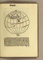 An illustration from Globus mundi : declaratio siue descriptio mundi et totius orbis terrarum. globulo rotundo comparati vt spera solida. Qua cuiuis etia[m] mediocriter docto ad oculu[m] videre licet antipodes esse. quo[rum] pedes nostris oppositi sunt. Et qualiter in vnaqua[que] orbis parte homines vitam agere queunt salutare[m]. sole singula terr[a]e loca illustrante: qu[a]e tamen terra in vacuo aere pendere videtur: solo dei nutu suste[n]tata. alijs[que] permultis de quarta orbis terraru[m] parte nuper ab Americo reperta (1509)