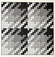 An illustration from Glossary of weaves, elementary textile designing, analysis of cotton fabrics, analysis of woolen and worsted fabrics, twill weaves and derivatives, satin and other weaves, combination weaves, construction of spot weaves, weaves for backed cotton fabrics, woolen and worsted ply weaves, leno weaves, pile weaves, color in textile designing, designing in general (1906)