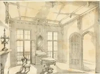An illustration from Gothic architecture applied to modern residences; containing designs of all the important parts of a private dwelling, exhibited in elaborate perspective drawings, together with large and copious details (1849)
