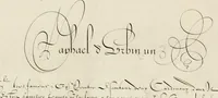 An illustration from Gram[m]ato-graphices : jn qvo varia scripturae emblemata, belgicis, germanicis, italicis, hispanicis, gallicis, et latinis characterib[us] exarata : cum singulorum anatomicis fundamentis ad exacté pingedum perquàm utilia, oculis spectanda jmitandaq[ue], proponuntur (1605)
