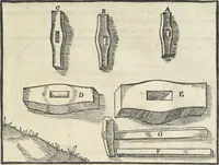 An illustration from Georgii Agricolae De re metallica : libri XII. Quibus officia, instrumenta, machinae, ac omnia deni[que] ad metallicam spectantia, non modo luculentissimè describuntur, sed & per effigies, suis locis infertas, adiunctis latinis, germanicis [que] appellationibus ita ob oculos ponuntur, ut clarius tradi non possint. ; Eiusdem De animantibus subterraneis liber, (1556)