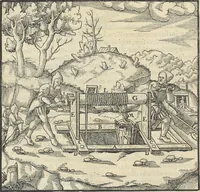 An illustration from Georgii Agricolae De re metallica : libri XII. Quibus officia, instrumenta, machinae, ac omnia deni[que] ad metallicam spectantia, non modo luculentissimè describuntur, sed & per effigies, suis locis infertas, adiunctis latinis, germanicis [que] appellationibus ita ob oculos ponuntur, ut clarius tradi non possint. ; Eiusdem De animantibus subterraneis liber, (1556)
