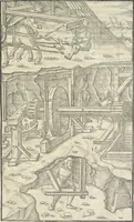 An illustration from Georgii Agricolae De re metallica : libri XII. Quibus officia, instrumenta, machinae, ac omnia deni[que] ad metallicam spectantia, non modo luculentissimè describuntur, sed & per effigies, suis locis infertas, adiunctis latinis, germanicis [que] appellationibus ita ob oculos ponuntur, ut clarius tradi non possint. ; Eiusdem De animantibus subterraneis liber, (1556)