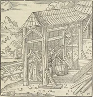 An illustration from Georgii Agricolae De re metallica : libri XII. Quibus officia, instrumenta, machinae, ac omnia deni[que] ad metallicam spectantia, non modo luculentissimè describuntur, sed & per effigies, suis locis infertas, adiunctis latinis, germanicis [que] appellationibus ita ob oculos ponuntur, ut clarius tradi non possint. ; Eiusdem De animantibus subterraneis liber, (1556)