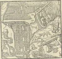 An illustration from Georgii Agricolae De re metallica : libri XII. Quibus officia, instrumenta, machinae, ac omnia deni[que] ad metallicam spectantia, non modo luculentissimè describuntur, sed & per effigies, suis locis infertas, adiunctis latinis, germanicis [que] appellationibus ita ob oculos ponuntur, ut clarius tradi non possint. ; Eiusdem De animantibus subterraneis liber, (1556)