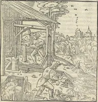 An illustration from Georgii Agricolae De re metallica : libri XII. Quibus officia, instrumenta, machinae, ac omnia deni[que] ad metallicam spectantia, non modo luculentissimè describuntur, sed & per effigies, suis locis infertas, adiunctis latinis, germanicis [que] appellationibus ita ob oculos ponuntur, ut clarius tradi non possint. ; Eiusdem De animantibus subterraneis liber, (1556)
