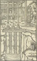 An illustration from Georgii Agricolae De re metallica : libri XII. Quibus officia, instrumenta, machinae, ac omnia deni[que] ad metallicam spectantia, non modo luculentissimè describuntur, sed & per effigies, suis locis infertas, adiunctis latinis, germanicis [que] appellationibus ita ob oculos ponuntur, ut clarius tradi non possint. ; Eiusdem De animantibus subterraneis liber, (1556)