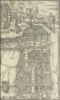 An illustration from Georgii Agricolae De re metallica : libri XII. Quibus officia, instrumenta, machinae, ac omnia deni[que] ad metallicam spectantia, non modo luculentissimè describuntur, sed & per effigies, suis locis infertas, adiunctis latinis, germanicis [que] appellationibus ita ob oculos ponuntur, ut clarius tradi non possint. ; Eiusdem De animantibus subterraneis liber, (1556)