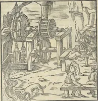 An illustration from Georgii Agricolae De re metallica : libri XII. Quibus officia, instrumenta, machinae, ac omnia deni[que] ad metallicam spectantia, non modo luculentissimè describuntur, sed & per effigies, suis locis infertas, adiunctis latinis, germanicis [que] appellationibus ita ob oculos ponuntur, ut clarius tradi non possint. ; Eiusdem De animantibus subterraneis liber, (1556)