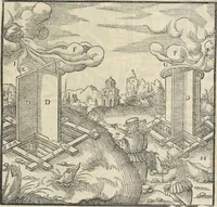 An illustration from Georgii Agricolae De re metallica : libri XII. Quibus officia, instrumenta, machinae, ac omnia deni[que] ad metallicam spectantia, non modo luculentissimè describuntur, sed & per effigies, suis locis infertas, adiunctis latinis, germanicis [que] appellationibus ita ob oculos ponuntur, ut clarius tradi non possint. ; Eiusdem De animantibus subterraneis liber, (1556)