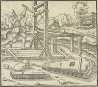 An illustration from Georgii Agricolae De re metallica : libri XII. Quibus officia, instrumenta, machinae, ac omnia deni[que] ad metallicam spectantia, non modo luculentissimè describuntur, sed & per effigies, suis locis infertas, adiunctis latinis, germanicis [que] appellationibus ita ob oculos ponuntur, ut clarius tradi non possint. ; Eiusdem De animantibus subterraneis liber, (1556)
