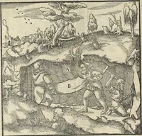 An illustration from Georgii Agricolae De re metallica : libri XII. Quibus officia, instrumenta, machinae, ac omnia deni[que] ad metallicam spectantia, non modo luculentissimè describuntur, sed & per effigies, suis locis infertas, adiunctis latinis, germanicis [que] appellationibus ita ob oculos ponuntur, ut clarius tradi non possint. ; Eiusdem De animantibus subterraneis liber, (1556)