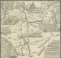 An illustration from Georgii Agricolae De re metallica : libri XII. Quibus officia, instrumenta, machinae, ac omnia deni[que] ad metallicam spectantia, non modo luculentissimè describuntur, sed & per effigies, suis locis infertas, adiunctis latinis, germanicis [que] appellationibus ita ob oculos ponuntur, ut clarius tradi non possint. ; Eiusdem De animantibus subterraneis liber, (1556)