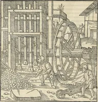 An illustration from Georgii Agricolae De re metallica : libri XII. Quibus officia, instrumenta, machinae, ac omnia deni[que] ad metallicam spectantia, non modo luculentissimè describuntur, sed & per effigies, suis locis infertas, adiunctis latinis, germanicis [que] appellationibus ita ob oculos ponuntur, ut clarius tradi non possint. ; Eiusdem De animantibus subterraneis liber, (1556)