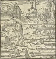 An illustration from Georgii Agricolae De re metallica : libri XII. Quibus officia, instrumenta, machinae, ac omnia deni[que] ad metallicam spectantia, non modo luculentissimè describuntur, sed & per effigies, suis locis infertas, adiunctis latinis, germanicis [que] appellationibus ita ob oculos ponuntur, ut clarius tradi non possint. ; Eiusdem De animantibus subterraneis liber, (1556)