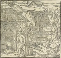 An illustration from Georgii Agricolae De re metallica : libri XII. Quibus officia, instrumenta, machinae, ac omnia deni[que] ad metallicam spectantia, non modo luculentissimè describuntur, sed & per effigies, suis locis infertas, adiunctis latinis, germanicis [que] appellationibus ita ob oculos ponuntur, ut clarius tradi non possint. ; Eiusdem De animantibus subterraneis liber, (1556)