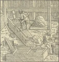 An illustration from Georgii Agricolae De re metallica : libri XII. Quibus officia, instrumenta, machinae, ac omnia deni[que] ad metallicam spectantia, non modo luculentissimè describuntur, sed & per effigies, suis locis infertas, adiunctis latinis, germanicis [que] appellationibus ita ob oculos ponuntur, ut clarius tradi non possint. ; Eiusdem De animantibus subterraneis liber, (1556)