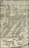 An illustration from Georgii Agricolae De re metallica : libri XII. Quibus officia, instrumenta, machinae, ac omnia deni[que] ad metallicam spectantia, non modo luculentissimè describuntur, sed & per effigies, suis locis infertas, adiunctis latinis, germanicis [que] appellationibus ita ob oculos ponuntur, ut clarius tradi non possint. ; Eiusdem De animantibus subterraneis liber, (1556)