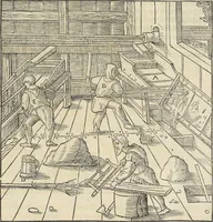 An illustration from Georgii Agricolae De re metallica : libri XII. Quibus officia, instrumenta, machinae, ac omnia deni[que] ad metallicam spectantia, non modo luculentissimè describuntur, sed & per effigies, suis locis infertas, adiunctis latinis, germanicis [que] appellationibus ita ob oculos ponuntur, ut clarius tradi non possint. ; Eiusdem De animantibus subterraneis liber, (1556)